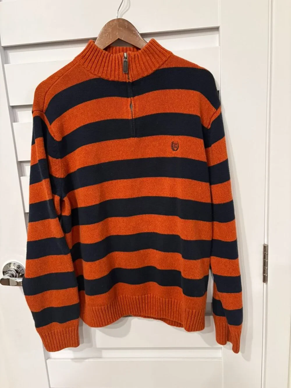 Chaps Men’s XL Quarter Zip Sweater Orange Navy Striped Cotton Preppy UVA